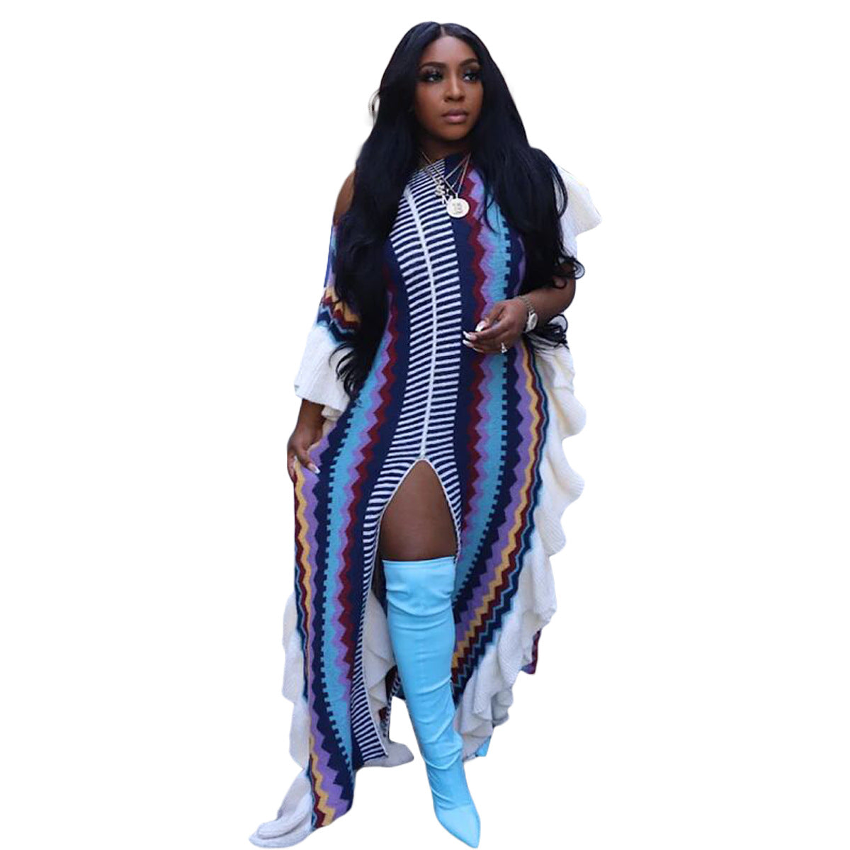 Women Knit Ribbed Clock Ruffes Side Sleeve Front Split Striped Straight Maxi Dress  Vintage Fashion Vestidos Dresses