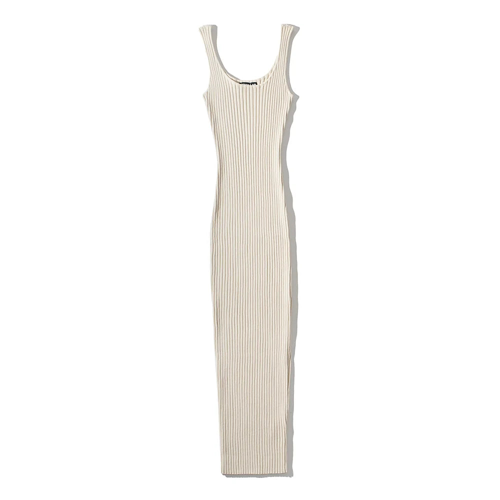 Summer Rib Knitted Stretchable Slim Midi Dress Women Sleeveless O-neck  Dresses robe femme