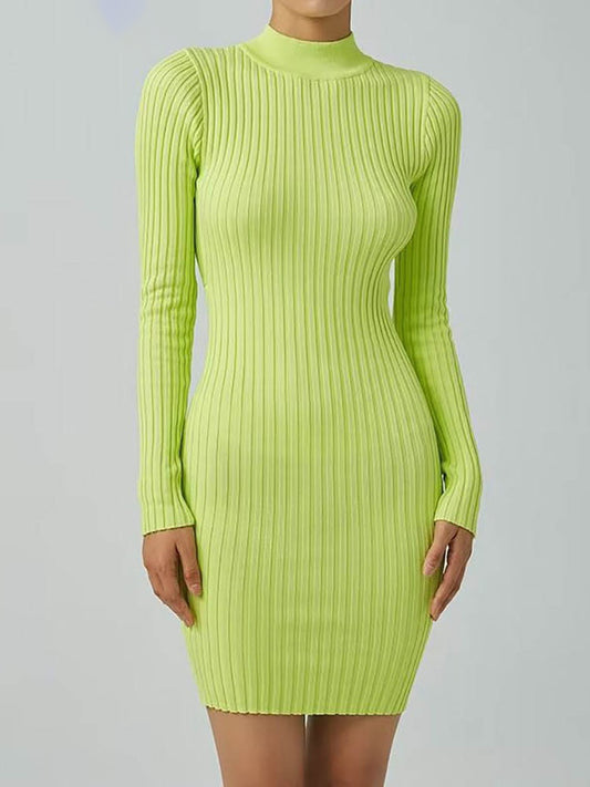 Fashion Women's Dress Stand Collar Slim Back Button Backless Long Sleeve Mini Knitted Dresses Autumn New