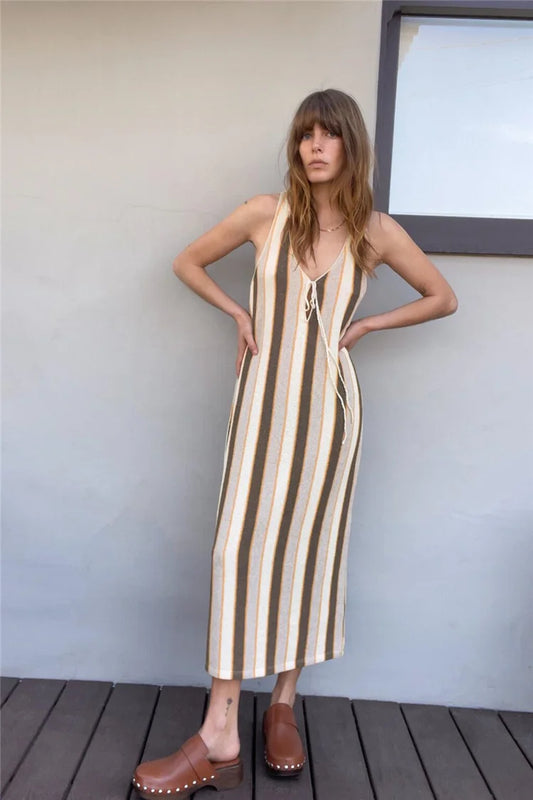 summer knitted midi long straight loose tank dresses for women streetwear chic casual stripe v-neck dress lady robe femme