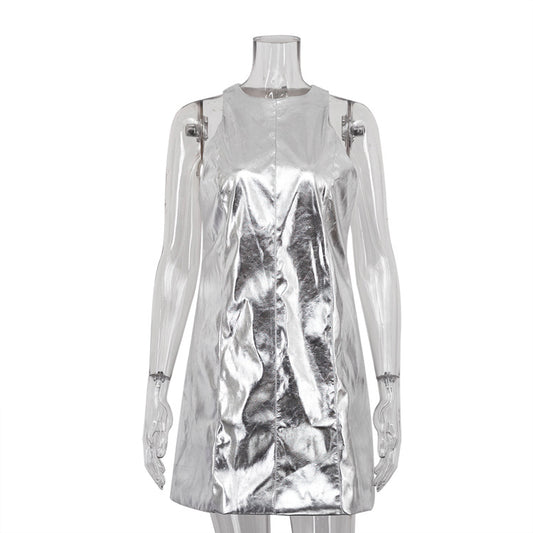 Sliver Pu Leather Women'S Dress  Summer O-Neck Sleeveless Mini Dresses Streetwear Classic Dress Feamle Robe