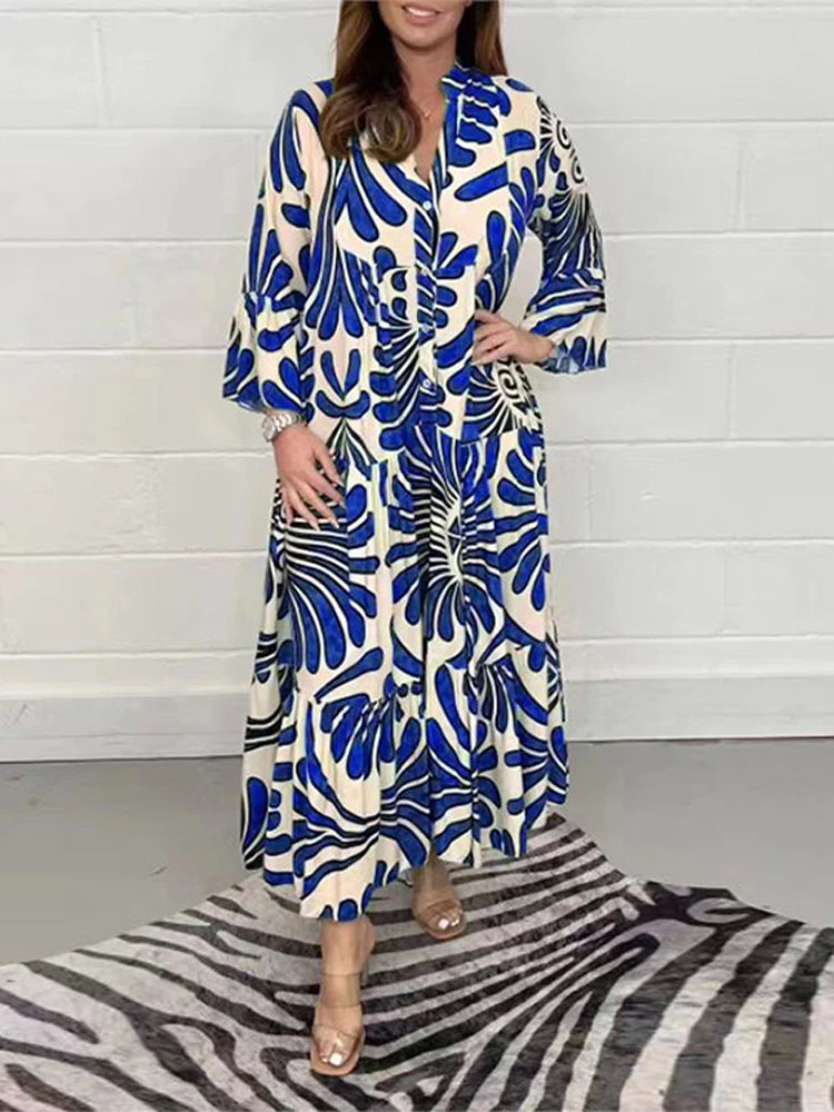 Loose Vintage Print Flare Sleeve Women's Dress Casual V Neck Buttons Patchwork Party Midi Dresses Elegant Spring Autumn Vestidos