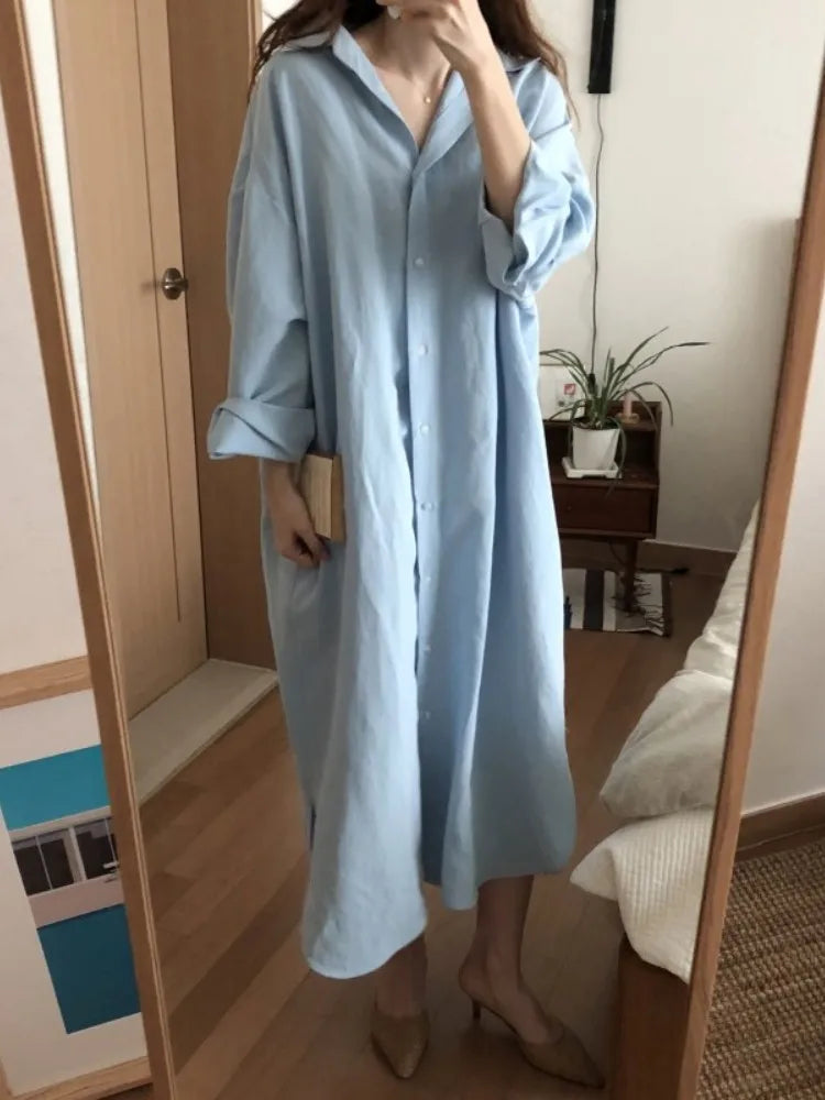 Summer Oversize White Shirts Dresses New Single Breated Casual Loose Dresses Female