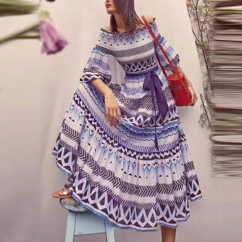 Slash Neck Midi Dresses For Women Vintage Casual Geometric Striped Print Party Night Dresses Summer Clothes