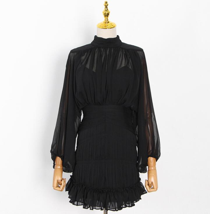 Women Stand Collar Lantern Long Sleeve High Waist Leopard Ruched Mini Dresses