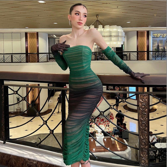 Women Gradient Color Printed Off Shoulder Sleeved Ruched Mesh Bodycon Midi Dress  Autumn Vestido Sexy Party Dresses