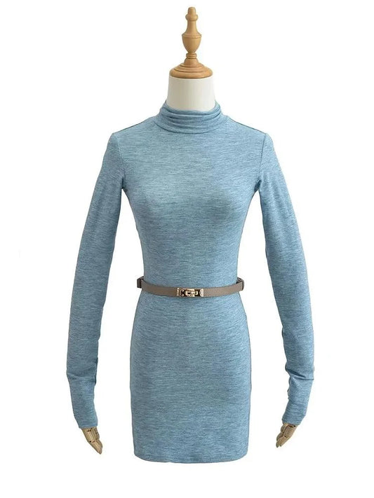 Women Turtleneck Long Sleeve Mini Dress With Sashes 5 Colors Elastic Slim Dresses