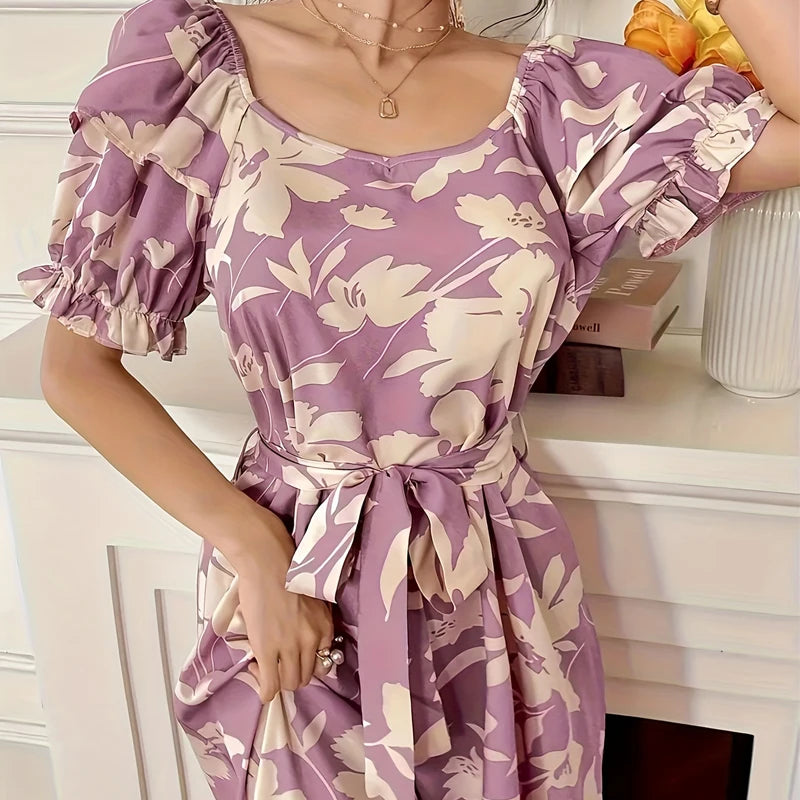 Wefads Women Long Dress Summer Elegant Casual Short Puff Sleeve Round Neck Nipped Waist Lace Up Printed Maxi Dresses For Lady