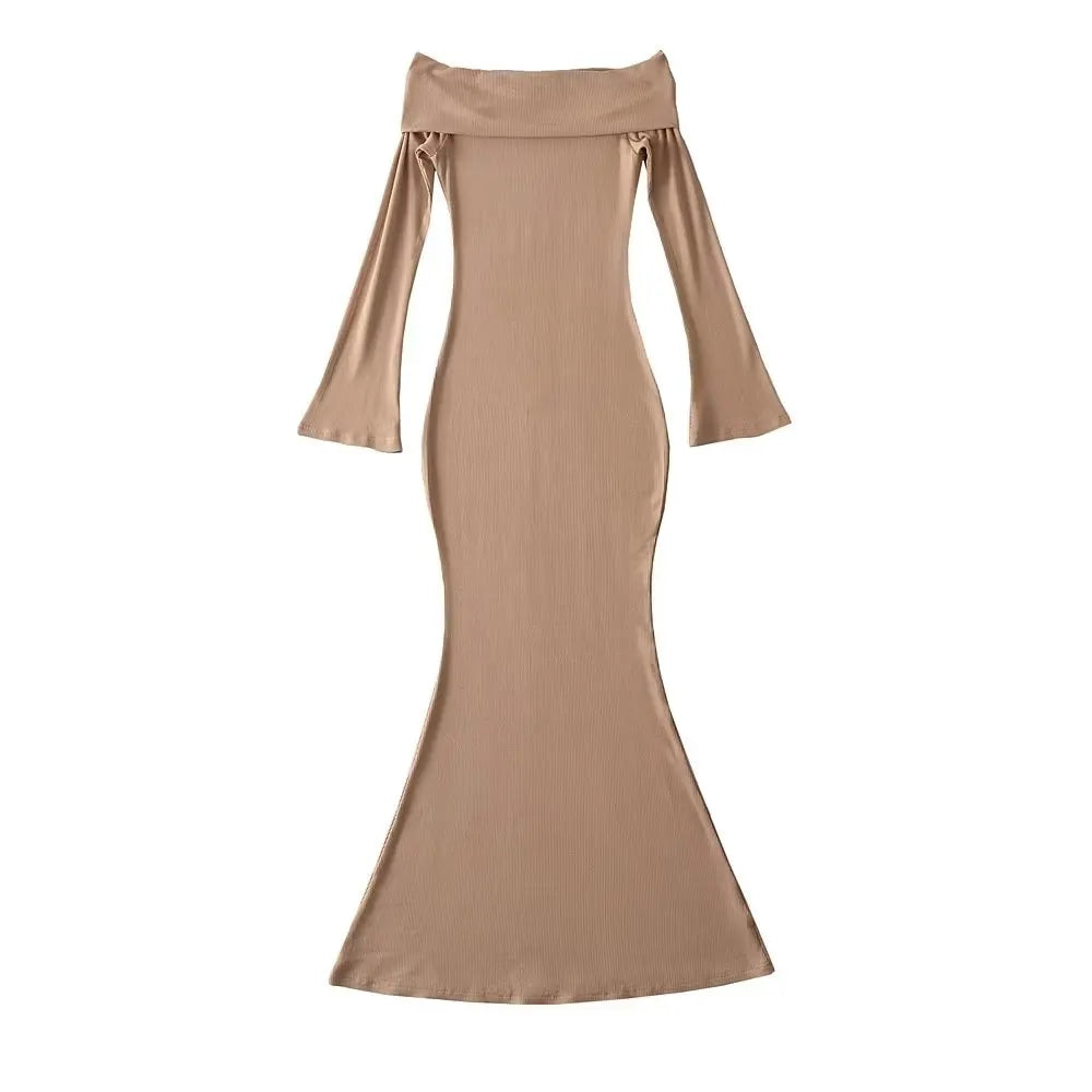 Women Off Shoulder Knitted Dress Long Sleeve Slim Elegant Stretchable 5 Colors Midi Dresses