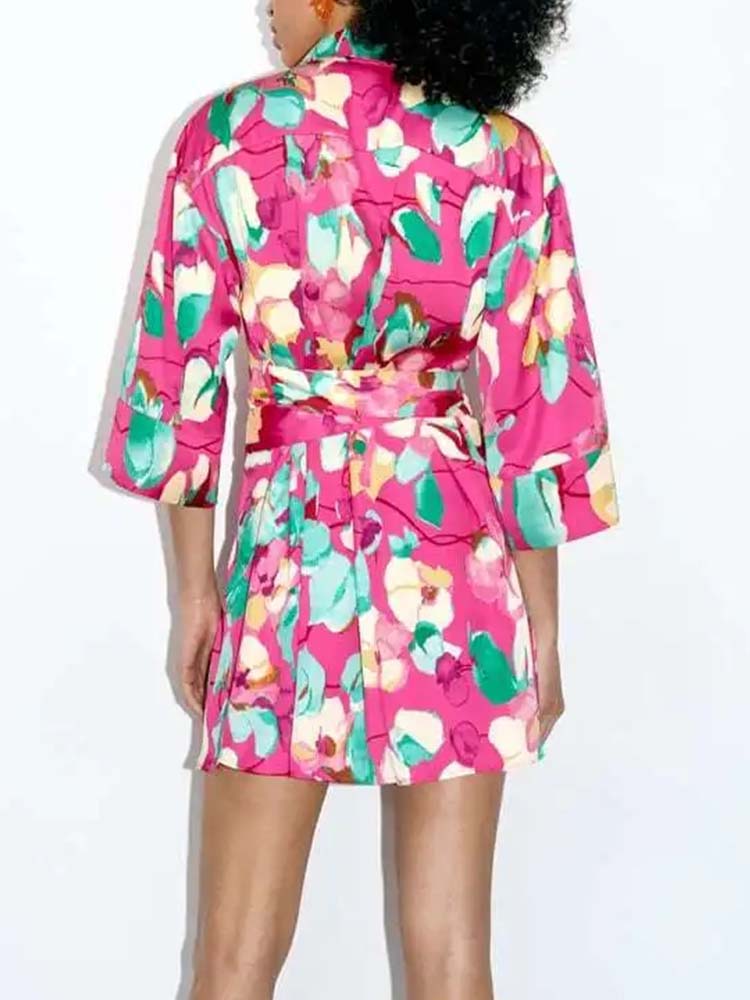 Women Dress Traf Fashion With Belt Floral Print  Mini Dress Vintage Long Sleeve Female Elegant Dresses