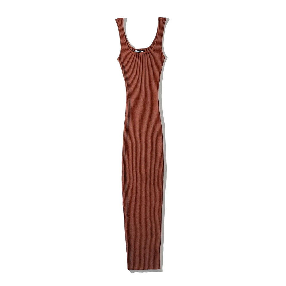Summer Rib Knitted Stretchable Slim Midi Dress Women Sleeveless O-neck  Dresses robe femme