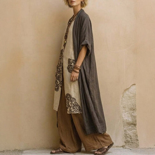 Loose Embroidered Long Robe Two-Piece Set for Women, Casual Wide-Leg Pants Outfit, Fashionable and Trendy