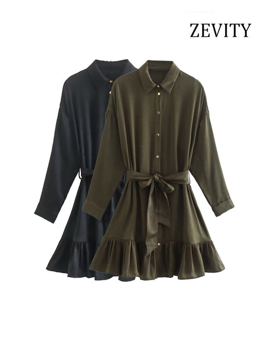 Women Fashion With Belt Ruffled Satin Mini Shirt Dress Vintage Long Sleeve Front Gold Button Female Dresses