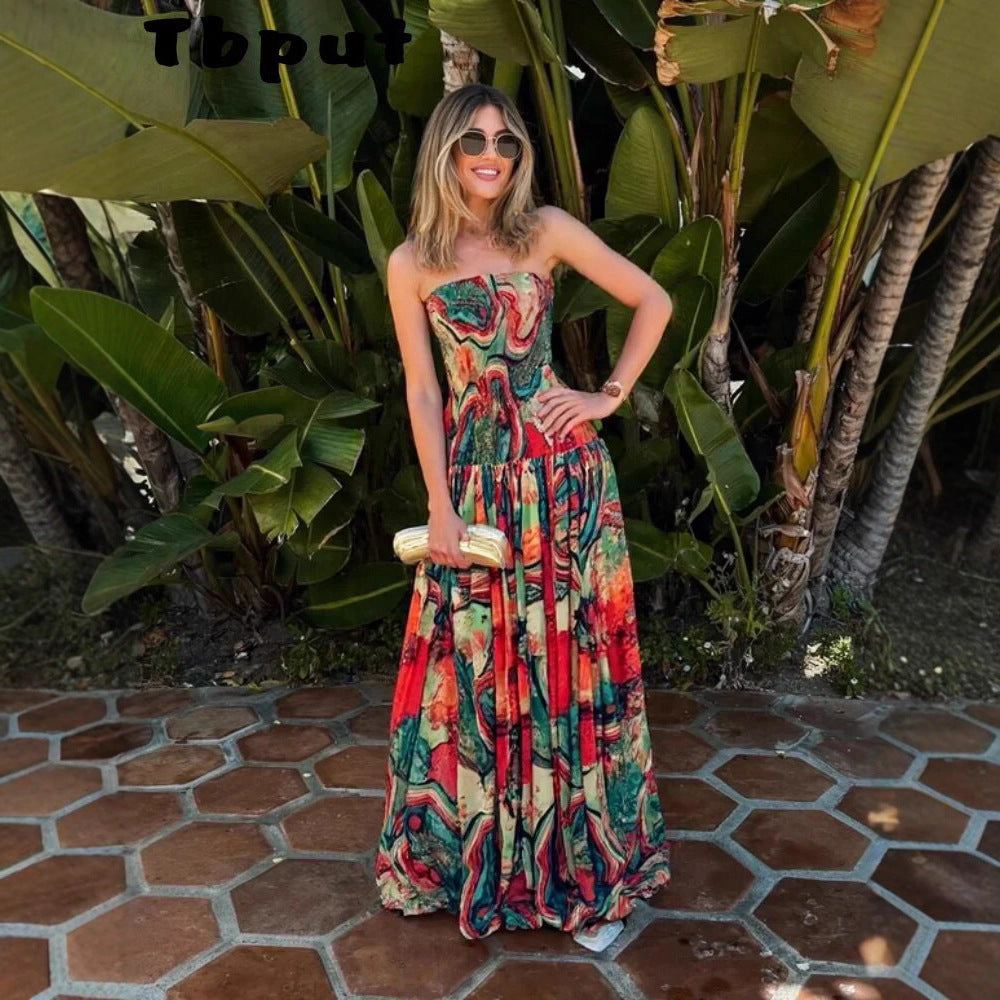 Elegant Printed Wrap Bodysuit Fitted Maxi Dress with Flared Skirt for Women