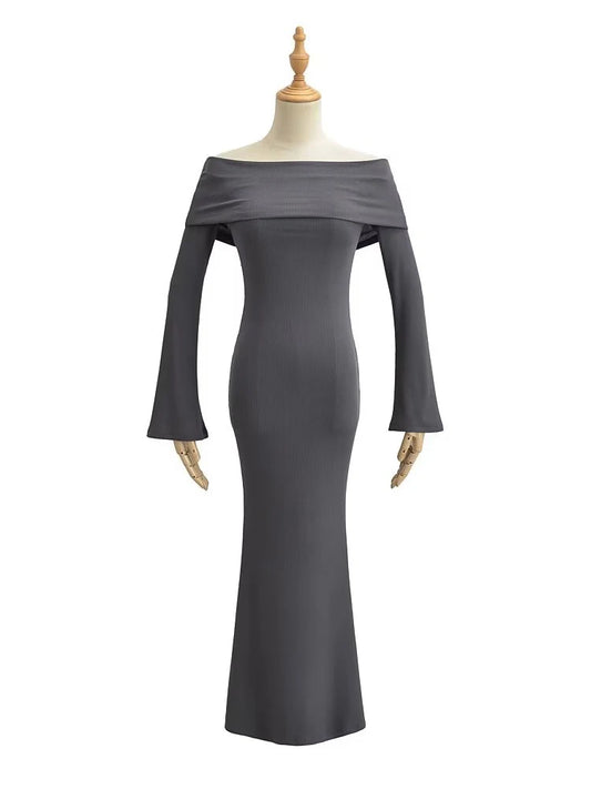 Women Off Shoulder Knitted Dress Long Sleeve Slim Elegant Stretchable 5 Colors Midi Dresses