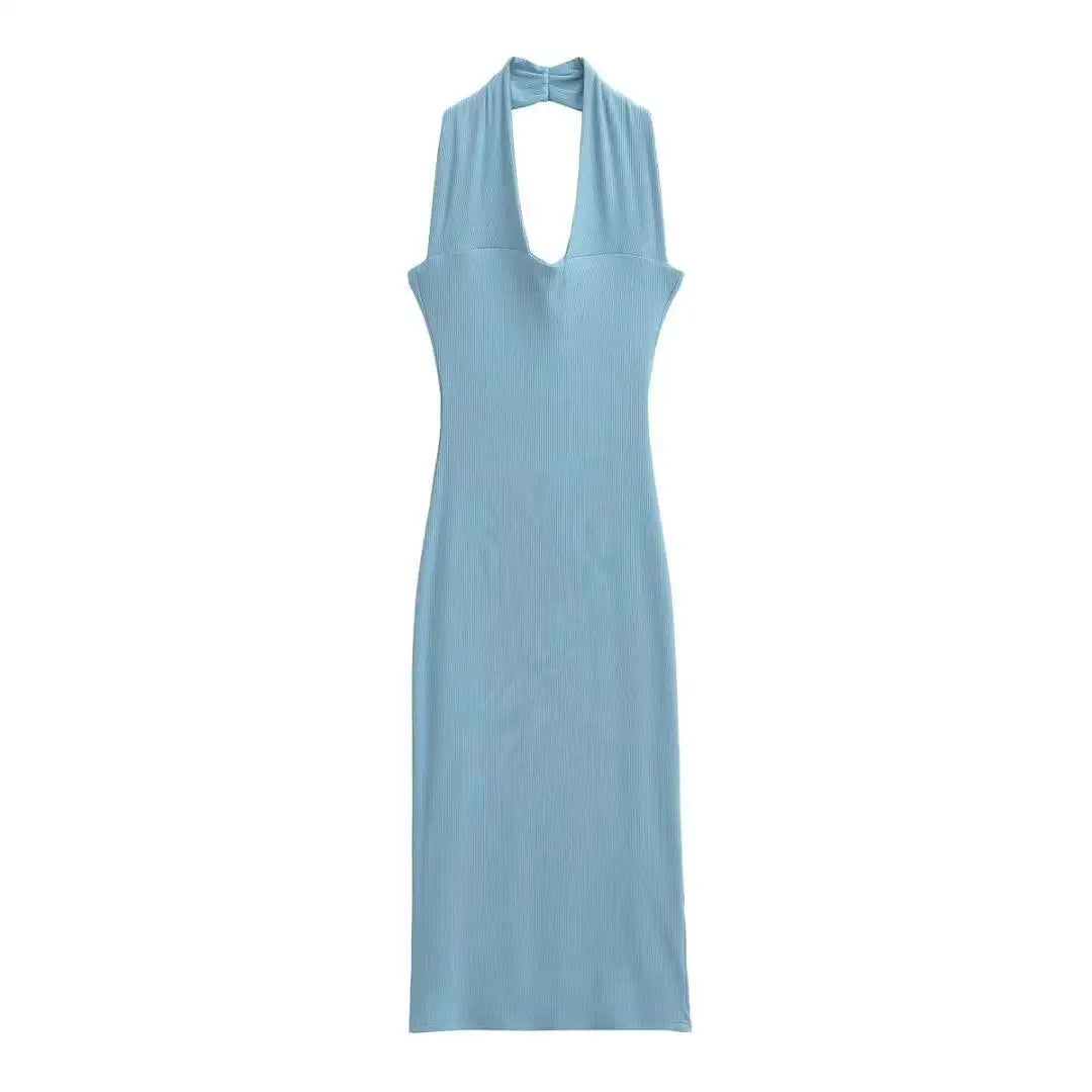 Summer Sexy Halter Deep V-neck Midi Dress Women Backless  Knits Elastic Slim Dresses