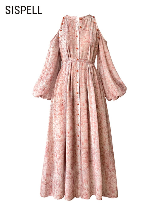 Vintage Print Colorblock Dress For Women Round Neck Long Sleeve Off Shoulder High Waist Loose Summer Midi Dresses