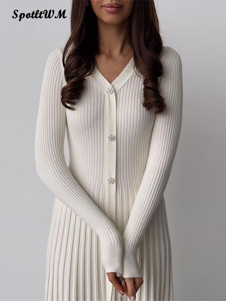 Women Fashion Casual Knitted Midi Dress Sexy V-neck Long Sleeve Basic Sweater Dress  Spring Office Lady Elegant Slim Dresses