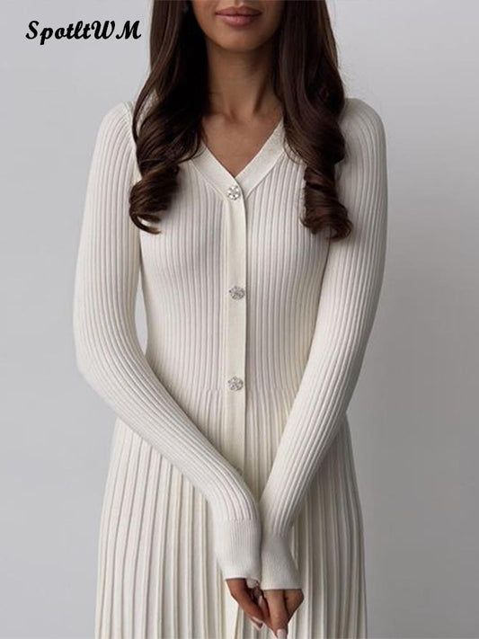 Women Fashion Casual Knitted Midi Dress Sexy V-neck Long Sleeve Basic Sweater Dress  Spring Office Lady Elegant Slim Dresses