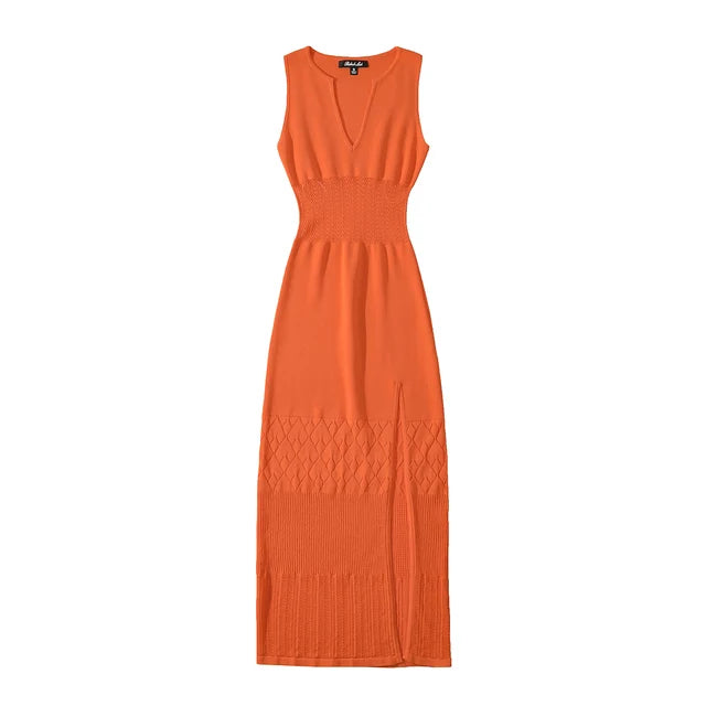 Summer V-neck Sleeveless Hollow Out Knitted Dress Women Split  Stretchable Slim Midi Dresses