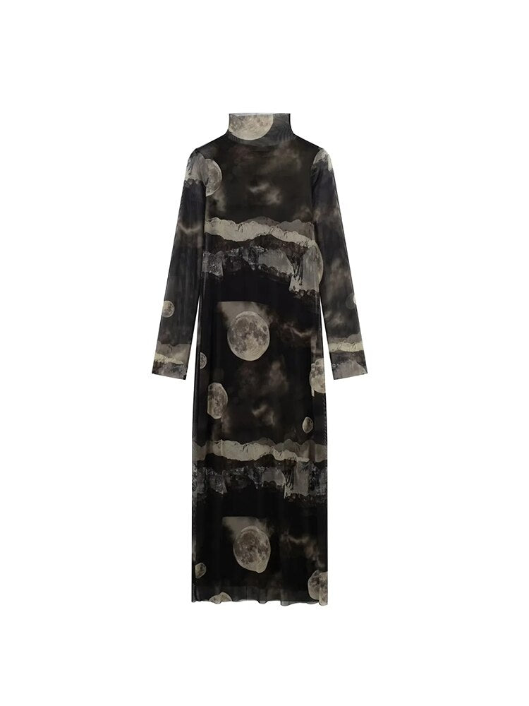 TRAF  Women Midi Dress Fashion Tulle Printed Tigh Long Dress Turtleneck Vintage Slim Long Sleeve Lady Dresses