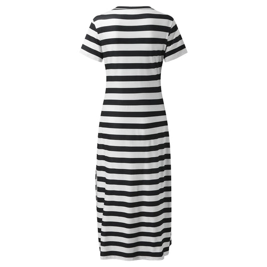 Womens Stripe Print Summer Dress Short Sleeve V Neck Casual Loose Long Dresses Bohemian Beach Split Maxi Vestidos Robes Longues