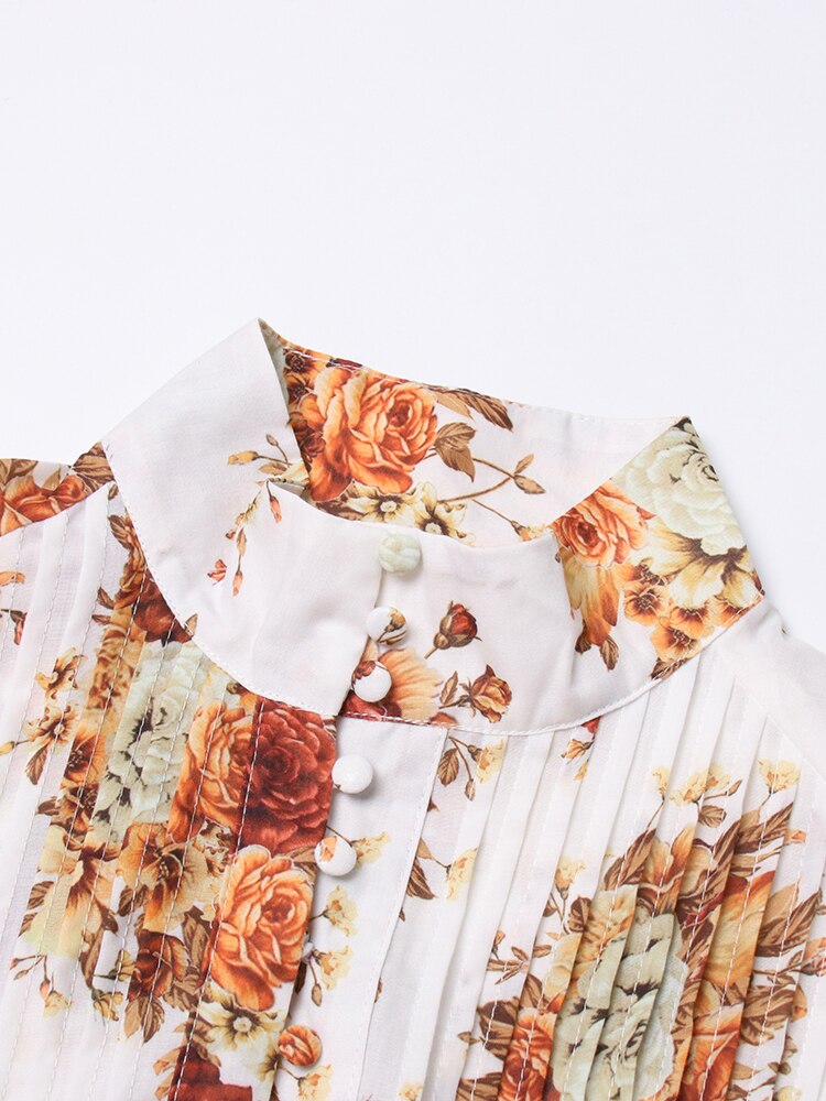 Autumn Mini Dress For Women Stand Collar Lantern Sleeve High Waist Print Floral Colorblock Dresses Female Clothing