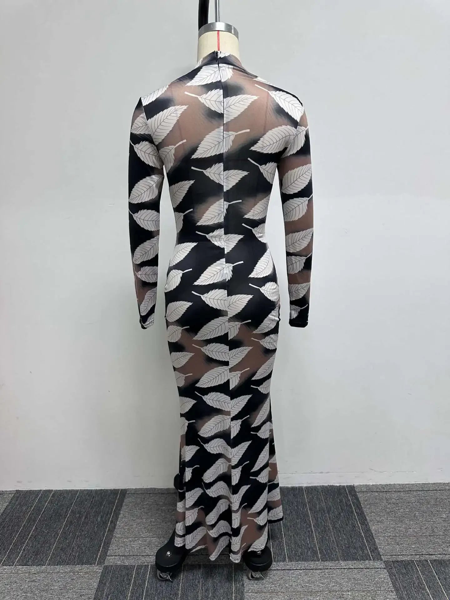 Leaf Print Long Sleeve Mermaid Dress Women Elegant Sexy Fall Winter Clothes  Long Sleeve Maxi Dresses