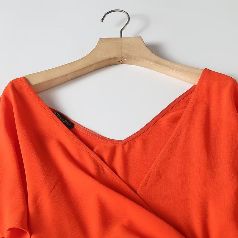 Fashion Woman Solid Midi Long Dress V Neck Short Sleeve Side Split Dresses Robe Summer Thin Red