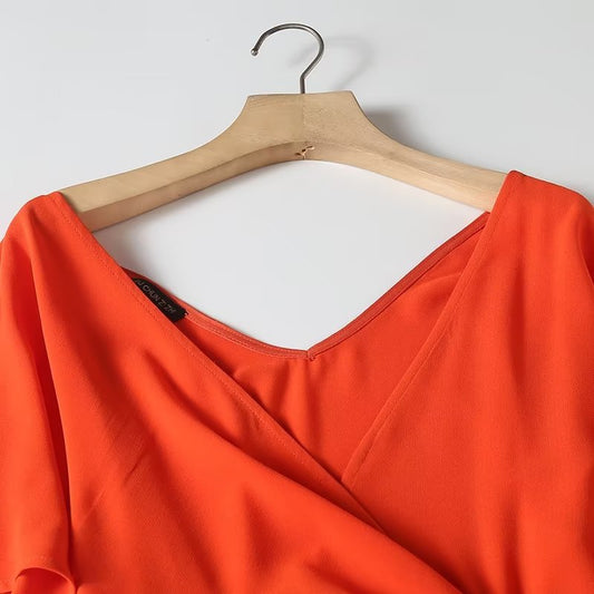 Fashion Woman Solid Midi Long Dress V Neck Short Sleeve Side Split Dresses Robe Summer Thin Red