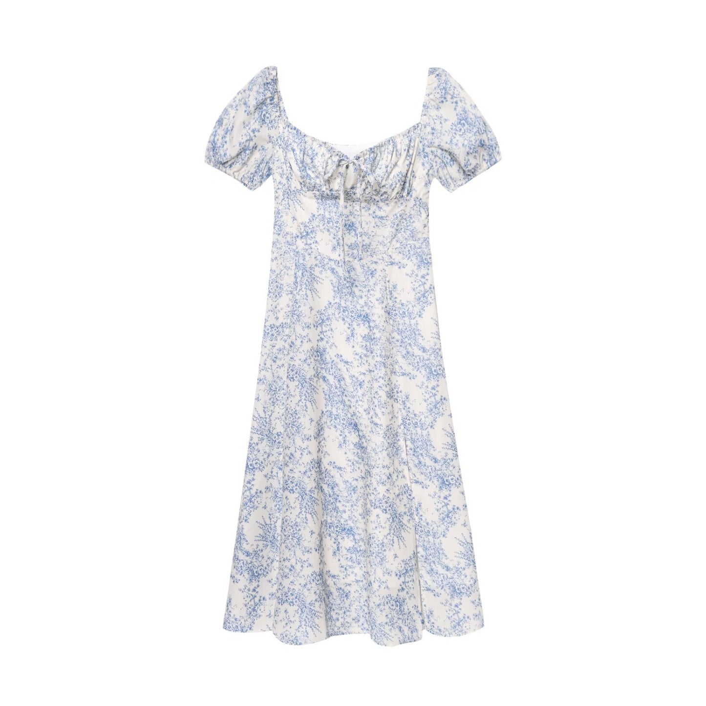 Floral Print Belted Split Square Neck Short Sleeve Maxi Dress