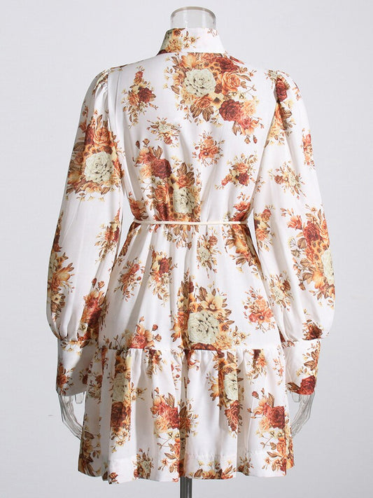 Autumn Mini Dress For Women Stand Collar Lantern Sleeve High Waist Print Floral Colorblock Dresses Female Clothing