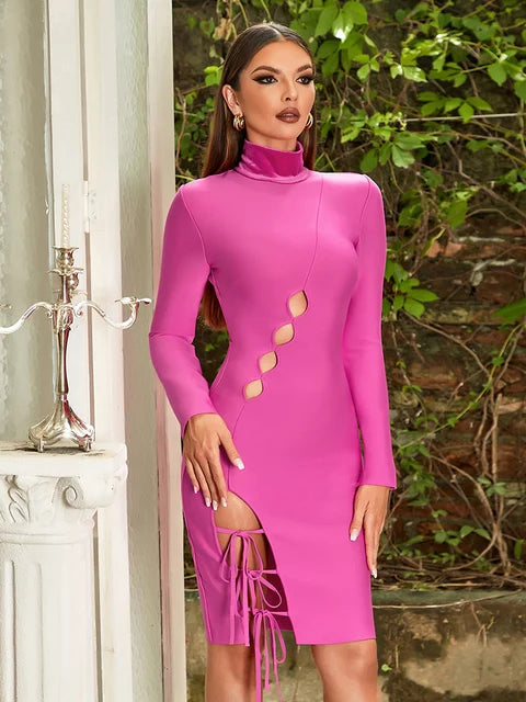 Long Sleeve Women Midi Bandage Dresses Sexy High Neck Lace Up Hollow Out Bodycon Celebrity Evening Club Party Dress