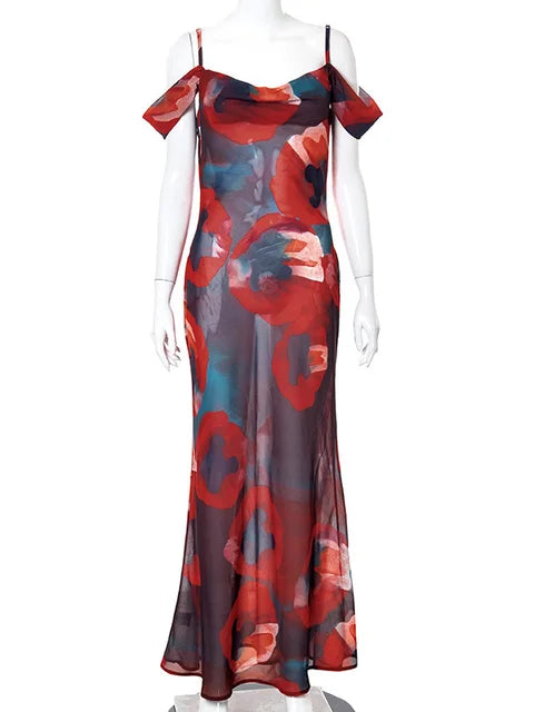 Women Summer Elegant Print Slip Mesh See Through Maxi Dress Beach Holiday Sleeveless Party Dresses Vestidos