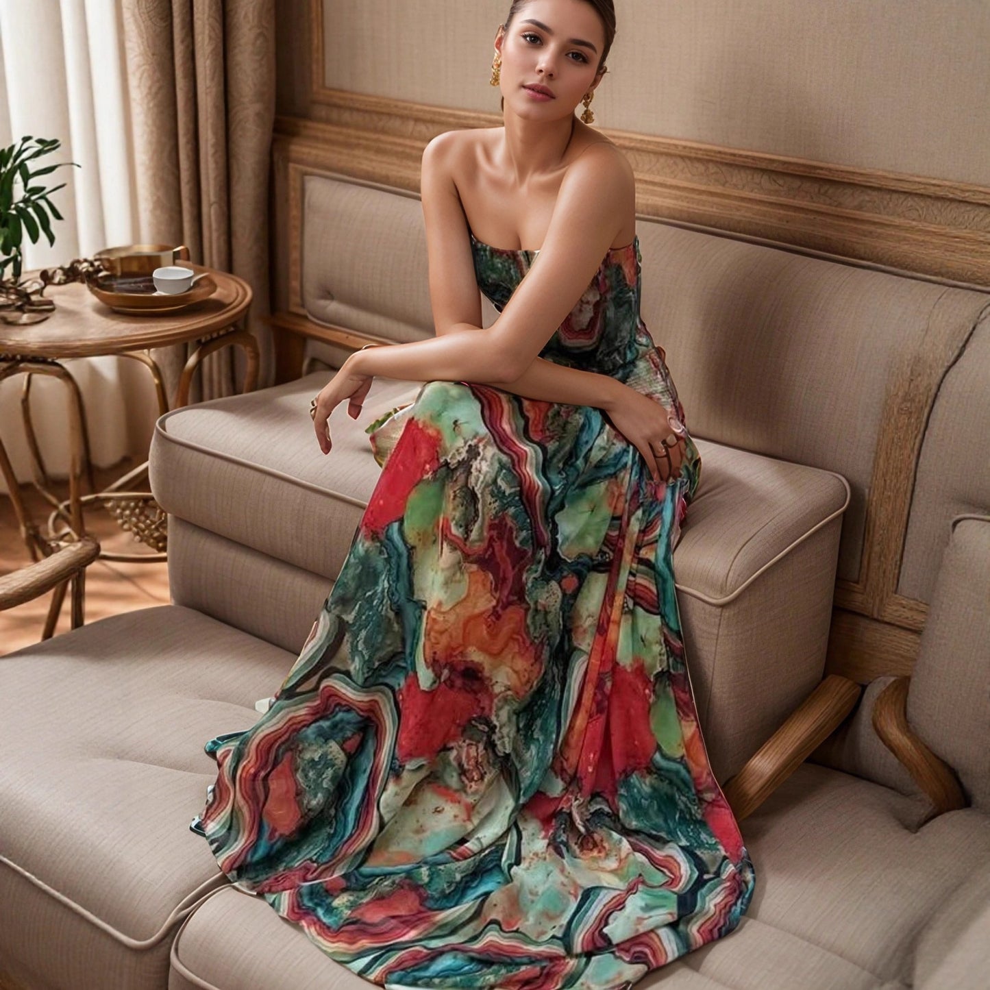 Elegant Printed Wrap Bodysuit Fitted Maxi Dress with Flared Skirt for Women