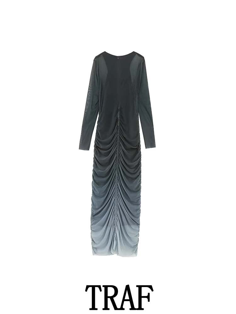 TRAF 2023 Woman Printed Silk Screen Midi Long Dress Fashion Long Sleeve O-Neck Vintage Pleated Autumn Causal Slim Dresses