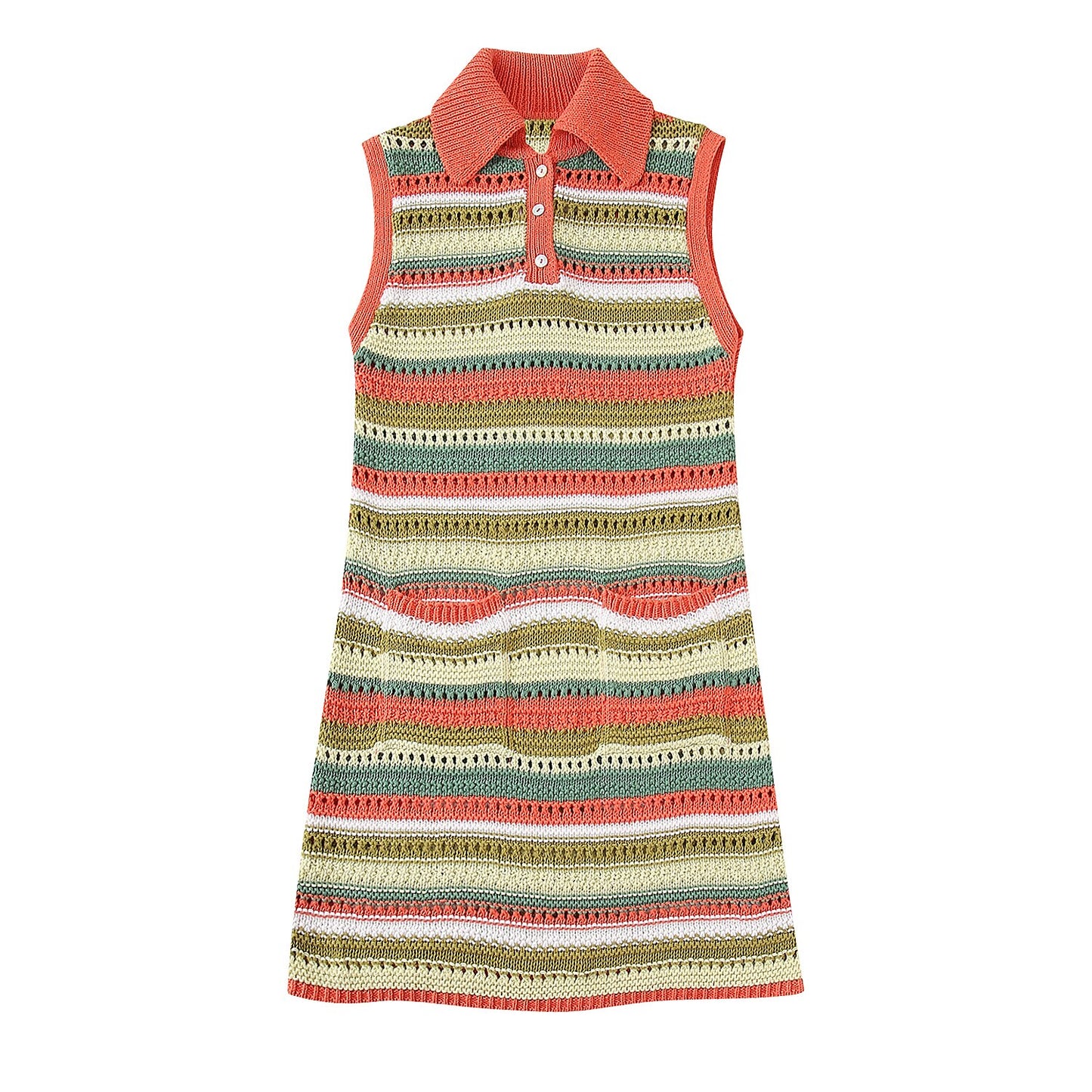 Women Fashion Stripe Knitted Dress Vacation Style Lapel Sleeveless Patch Pocket Front Button Female Mini Dresses