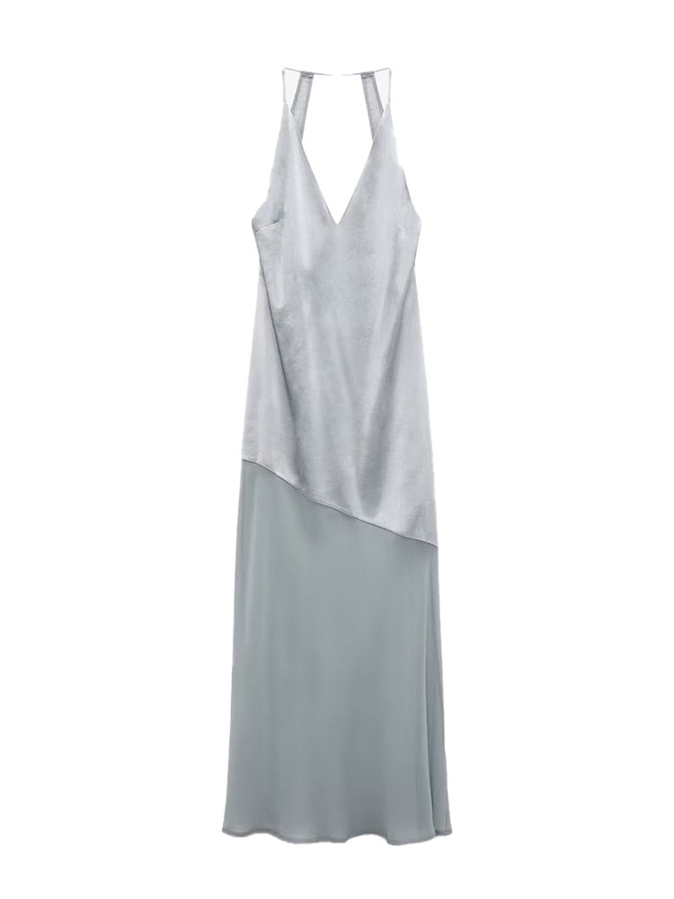 Sexy Satin finish Women Fashion Midi Dresses Thin Casual V-Neck Sleeveless Backless Female Long Dress Mujar Y2K