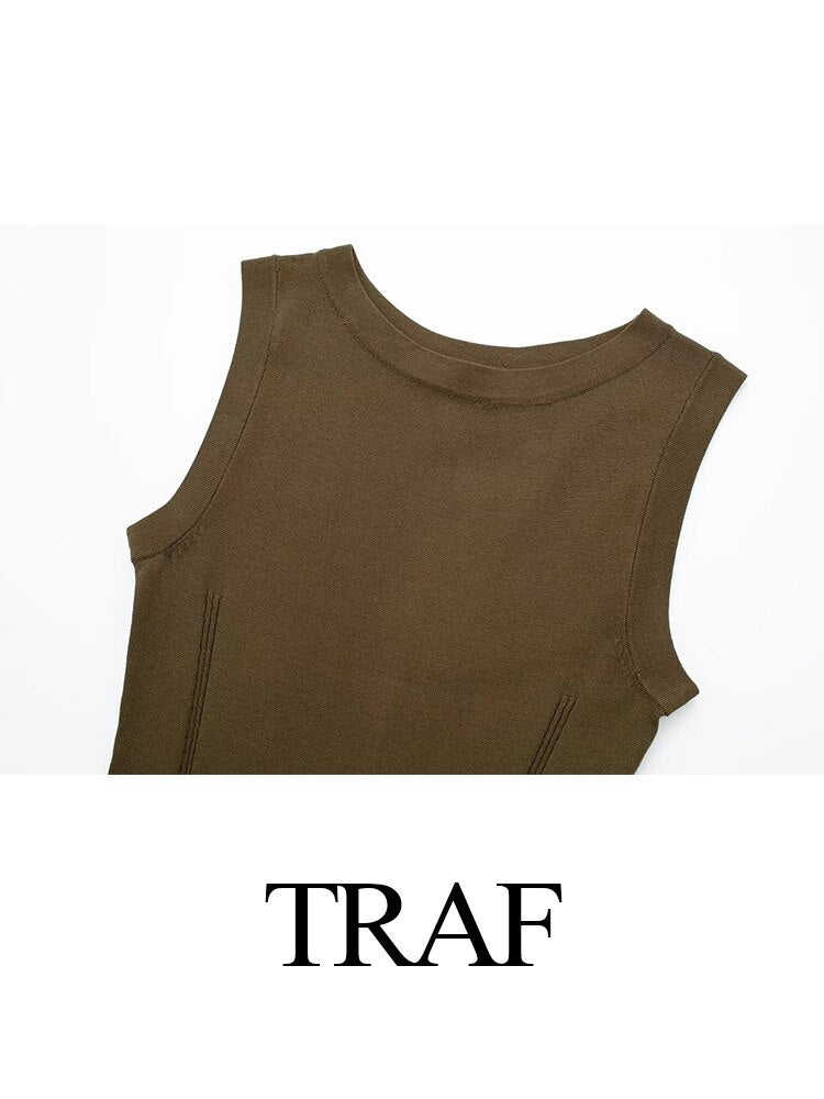 TRAF Summer Sexy Women Bodycon Dress O Neck Sleeveless Skinny Female Midi Long Dresses Female Dresses Vestidos Mujer