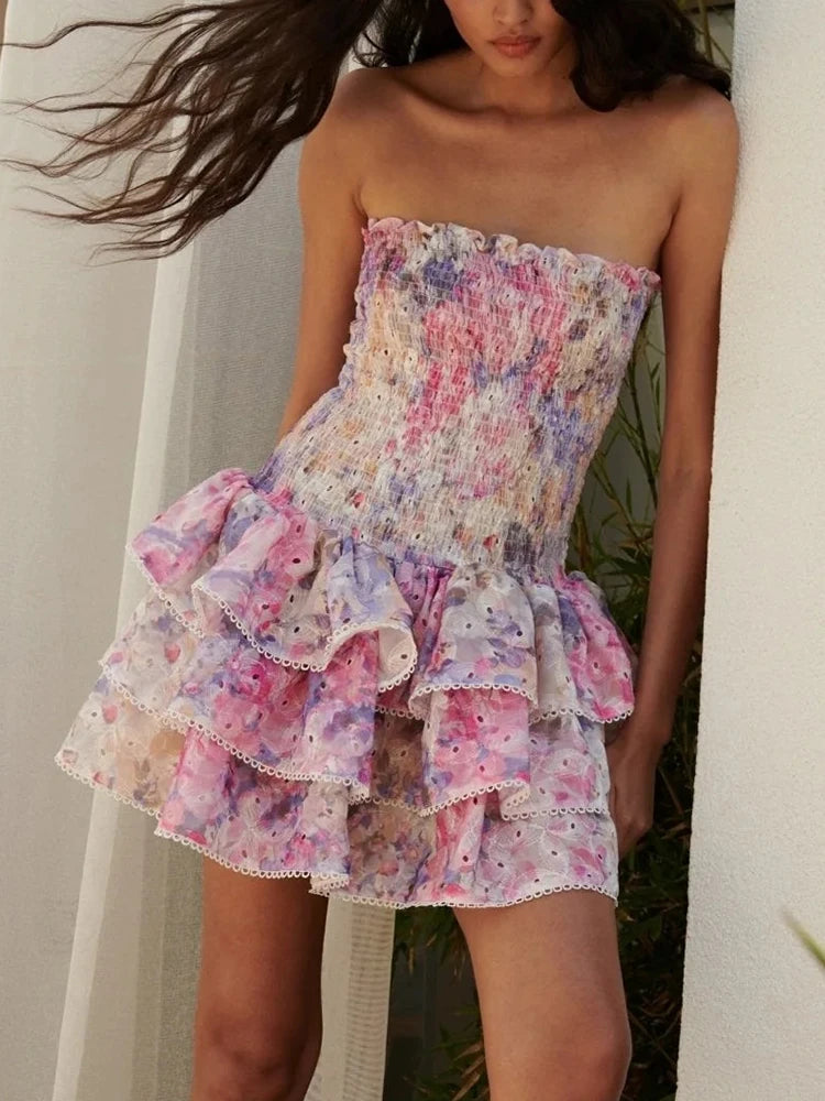 Hit Color Floral Printing Slimming Dress For Women Strapless Sleeveless High Waist Temperament Tierred Mini Dresses Female