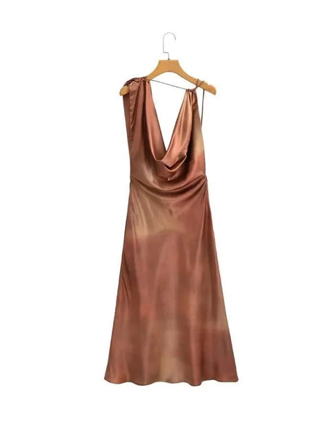 Sexy Swinging Collar Backless Midi Dress Women Summer Sleeveless Satin Dresses