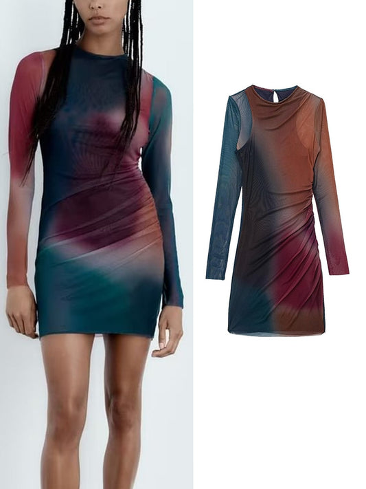 Sexy Women Tulle Printed Mini Dresses Vintage Female Slim Dresses Beach Party Long Sleeve O-neck Vestidos Mujer