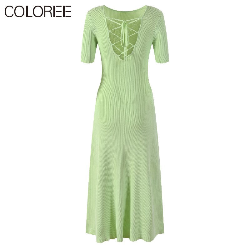 New Spring Summer Elegant Green Knitted Dresses Women 2023 Casual O-neck Short Sleeve Slim Dress Midi Vestidos Para Mujer